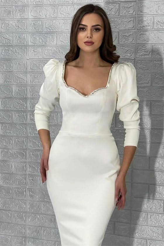 White Jewel Long Sleeve Sequined Prom Dress BM bride