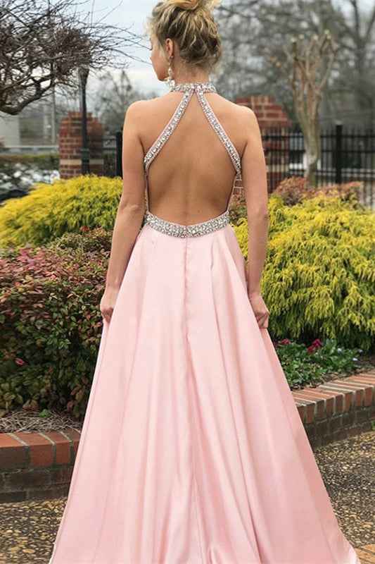 Halter Sleeveless Backless A Line Long Prom Dress Pink Belt With beadings