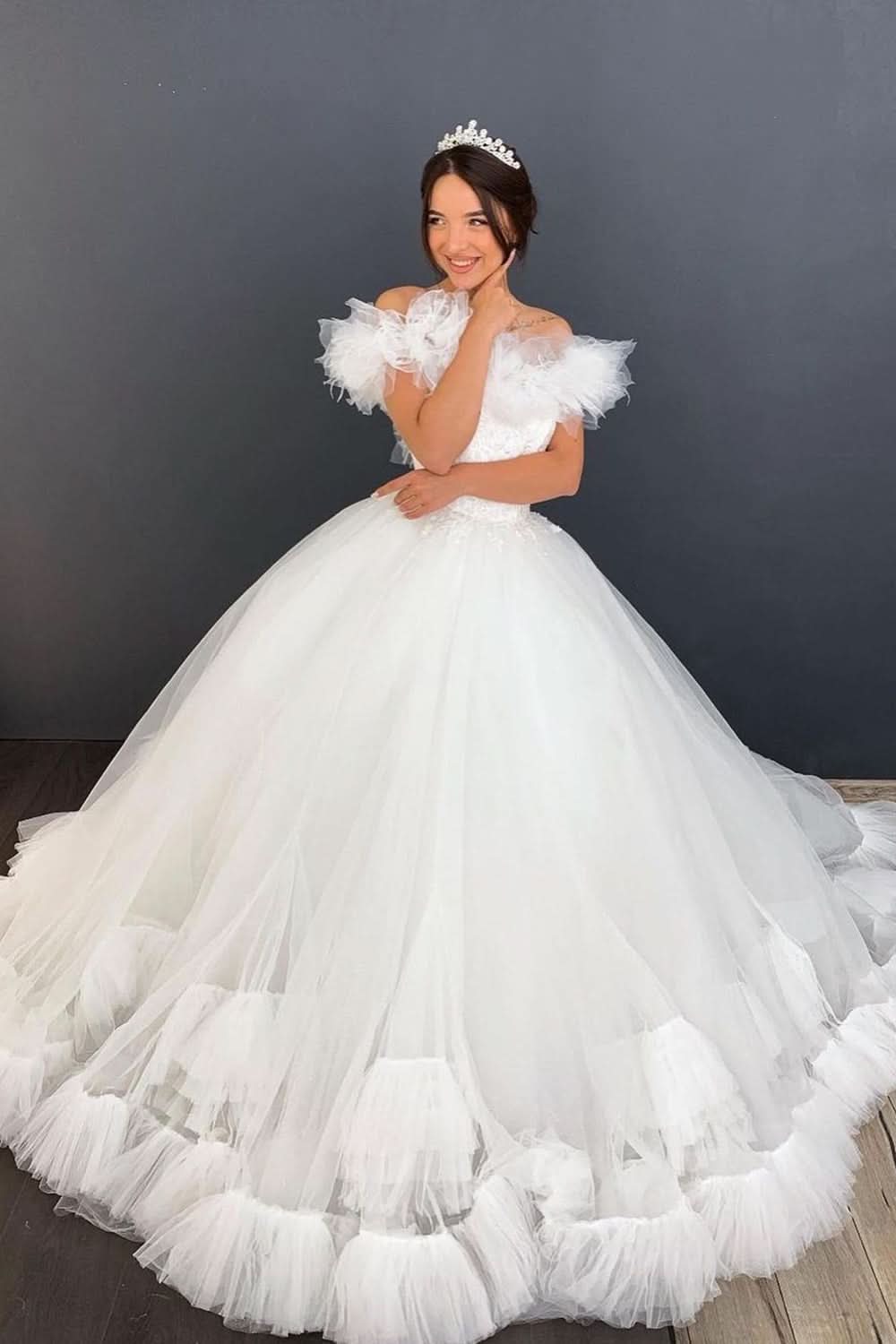 Long Two Piece Wedding Dress With Lace Layers Tulle Short Sleeves BM bride