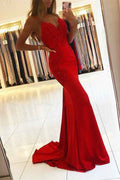 Mermaid Red Spaghetti Strap V  Neck Sleeveless Prom Dress With Appliques