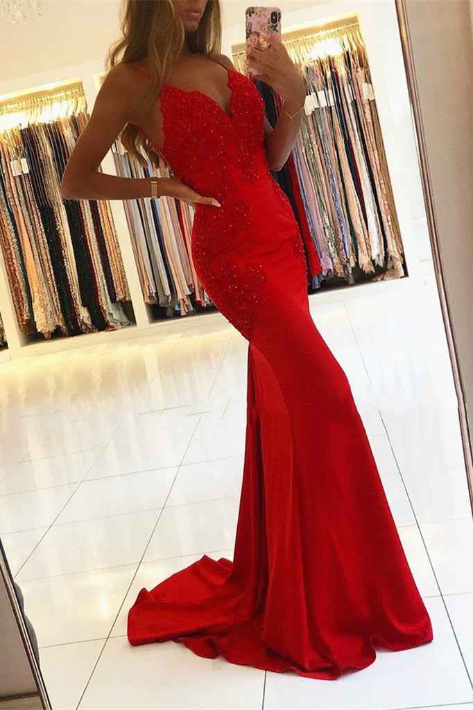 Mermaid Red Spaghetti Strap V  Neck Sleeveless Prom Dress With Appliques