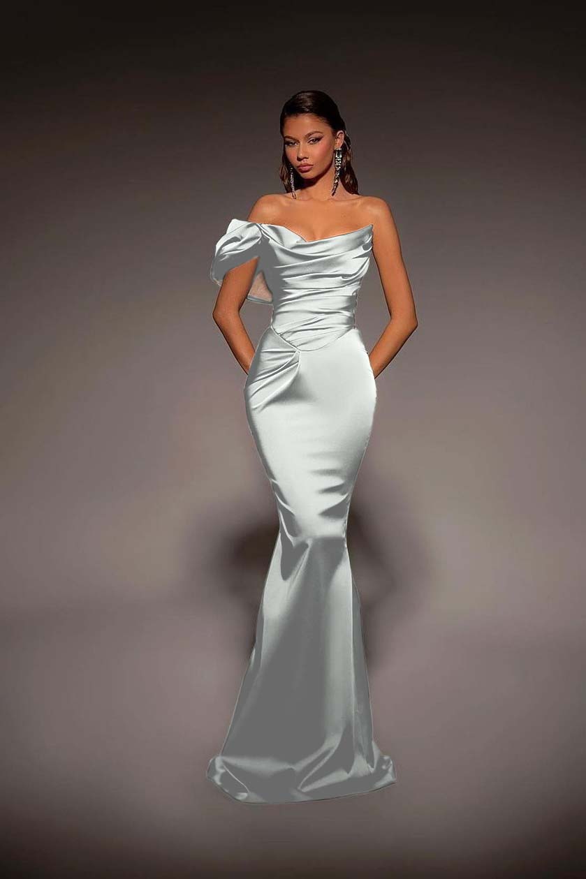 One Shoulder Strapless Long Mermaid Prom Dress With Pleated BMBRIDE