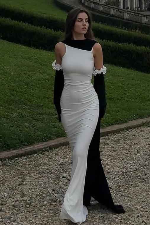 White Sleeveless Mermaid Long Prom Dress With Pleated Gloves