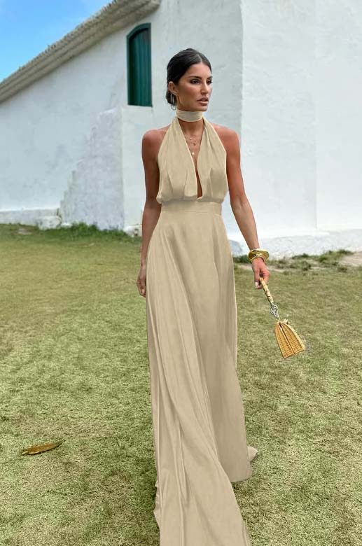 Charming Sleeveless Halter V Neck Long Prom Dress With Pleated BMBRIDE