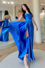 Strapless Royal Blue Sleeveless High Waist Pleated Prom Dress With Split