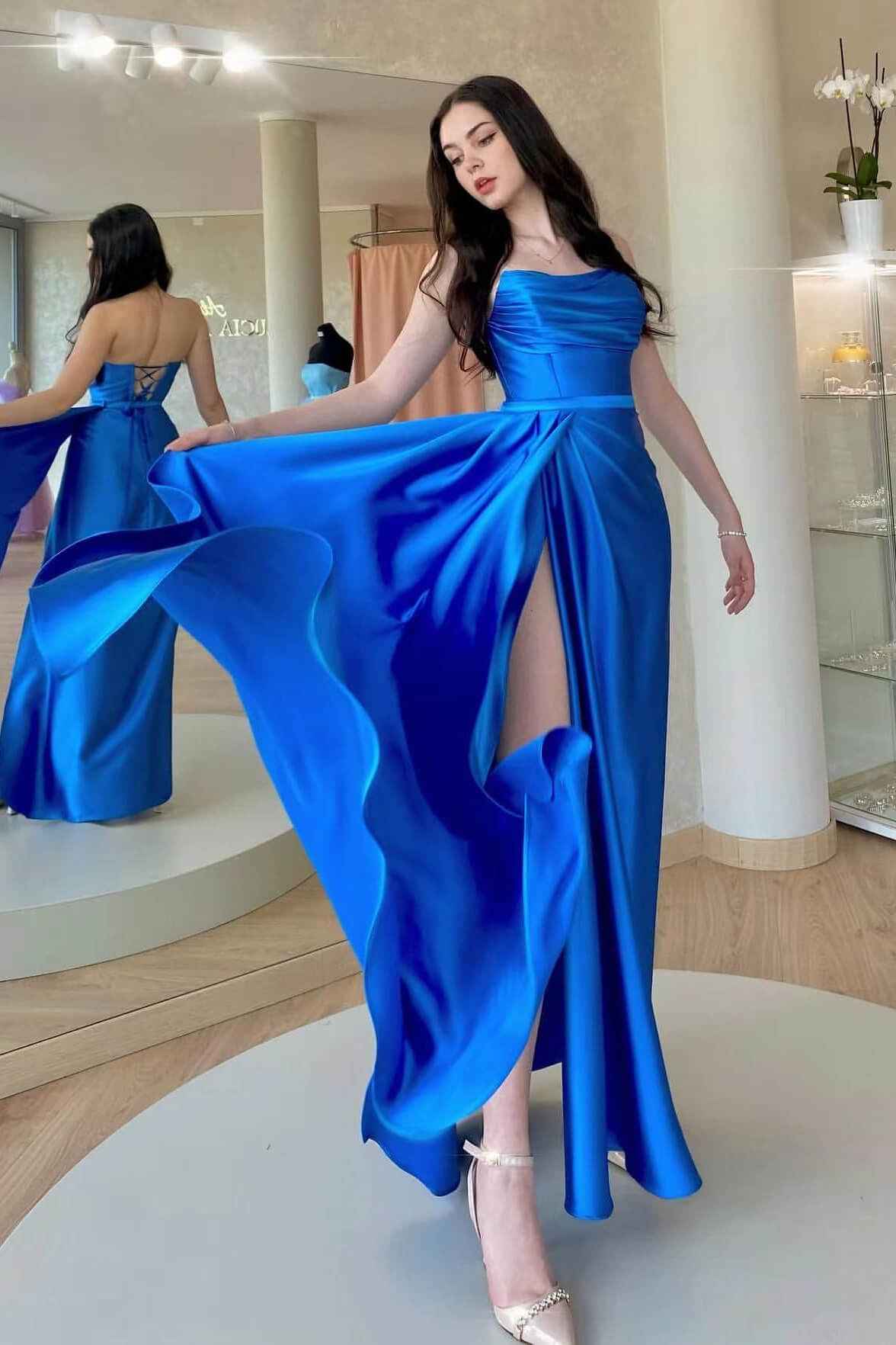 Strapless Royal Blue Sleeveless High Waist Pleated Prom Dress With Split