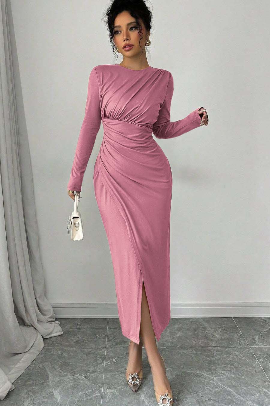 Long Sleeves Jewel Neck Tea Length Prom Dress With Split Pleated BMBRIDE