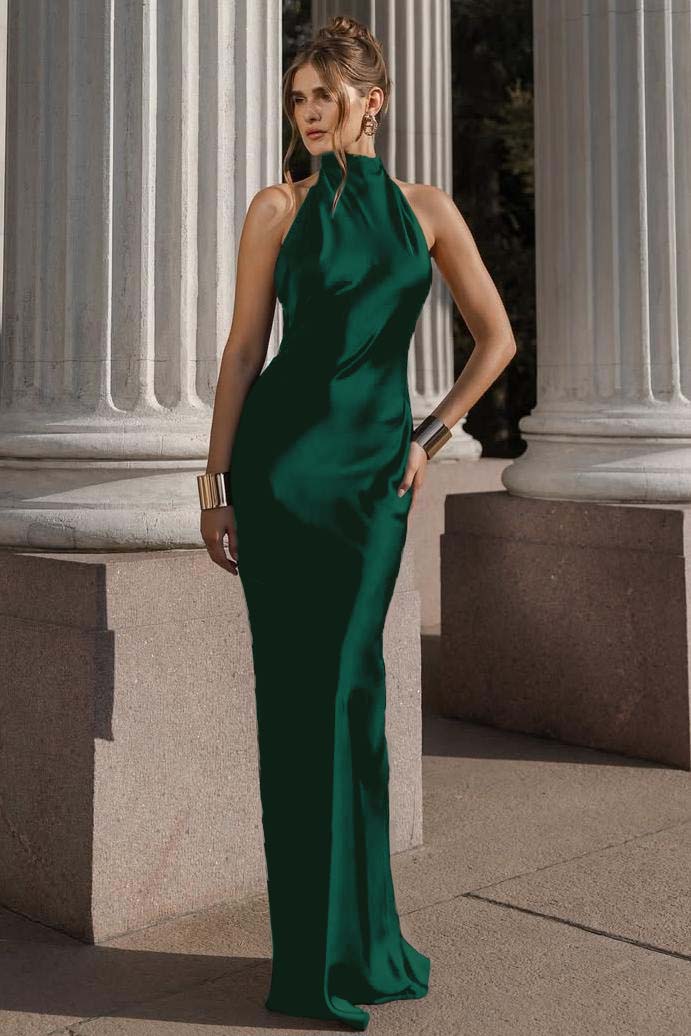 Halter Sleeveless Backless Mermaid Long Prom Dress With Pleated BMBRIDE