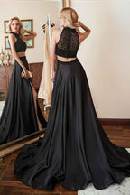 Black Two Pieces High Neck Sleeveless Long Prom Dress Split With Beadings
