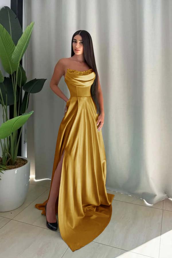 Strapless Sleeveless Long Split Prom Dress With Pleated Sequin