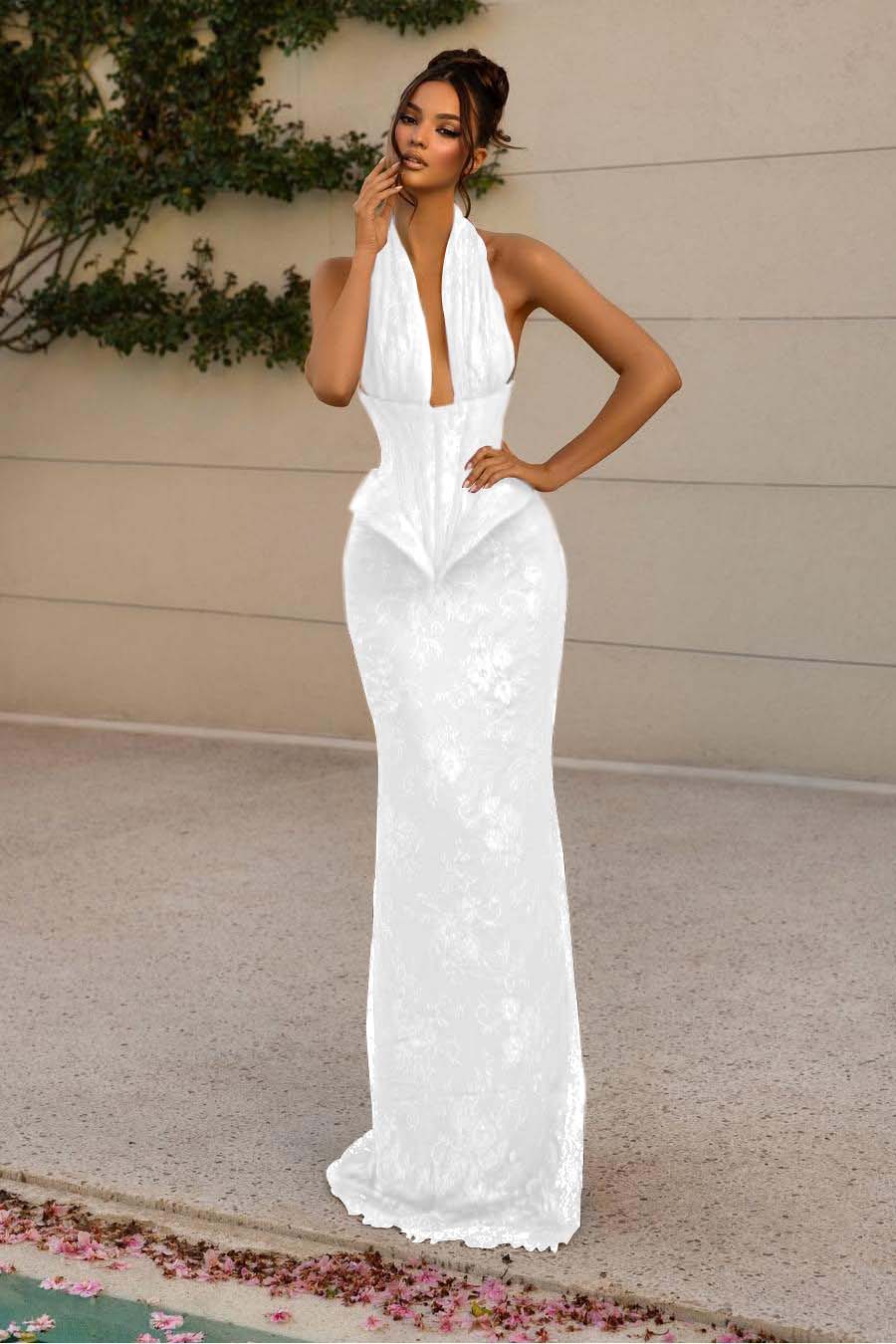 Halter V Neck Sleeveless Long Mermaid Prom Dress With Appliques