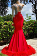 Classic Red One Shoulder Strapless Mermaid Prom Dress with Feather BM bride