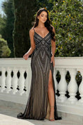 Black Spaghetti Strap V Neck Sleeveless Beadings Long Prom Dress With Split