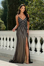 Black Spaghetti Strap V Neck Sleeveless Beadings Long Prom Dress With Split