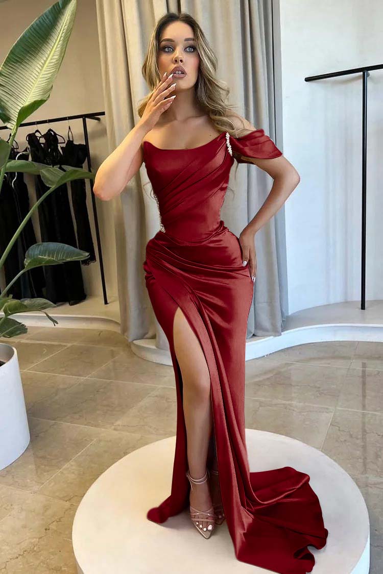 Strapless One Shoulder Long Mermaid Prom Dress With Split Beading BMBRIDE