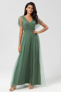 Tulle Short Sleeves V Neck A Line Long Prom Dress With Appliques BMBRIDE