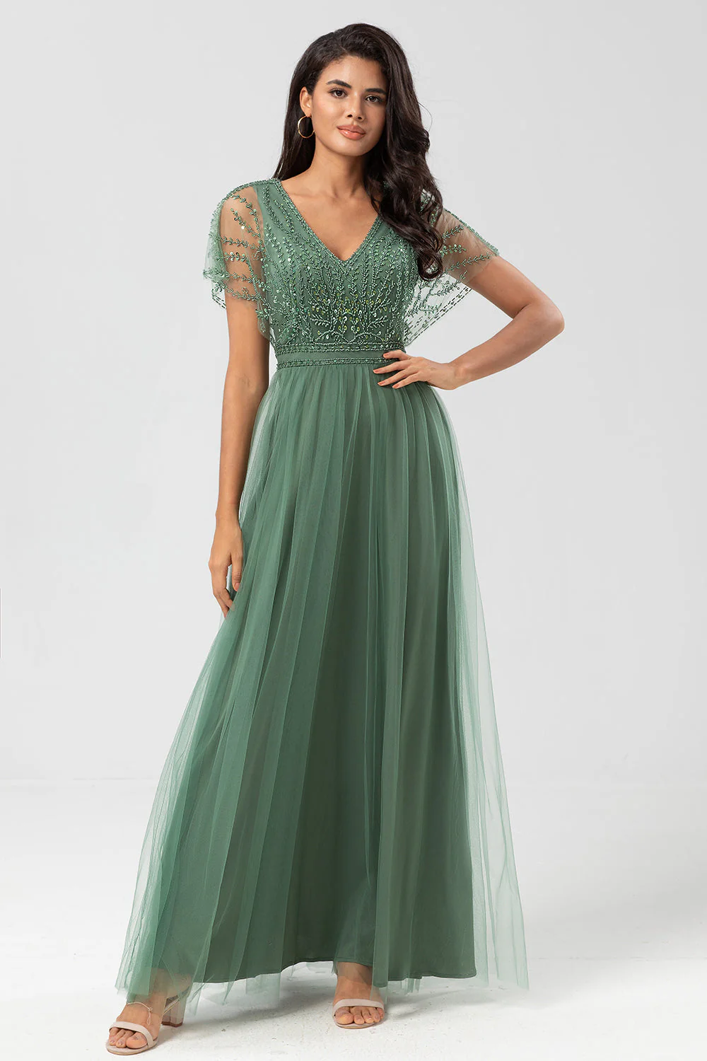 Tulle Short Sleeves V Neck A Line Long Prom Dress With Appliques BMBRIDE
