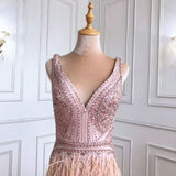 Luxury Pink Beaded Evening Dress with Feather Detail and Mermaid Silhouette BM bride