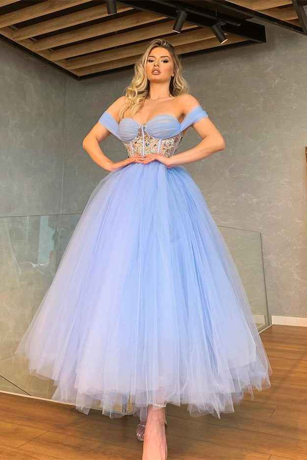 Tulle Sweetheart Sleeveless Off the Shoulder A Line Prom Dress With Crystal
