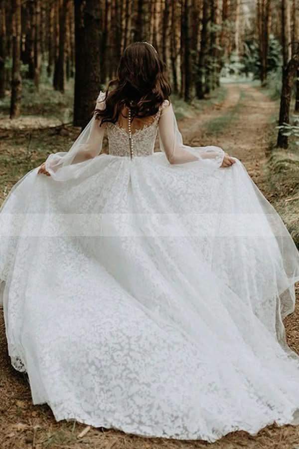 Stunning A-line Long Sleeves Lace Wedding Dress With Tulle BM bride