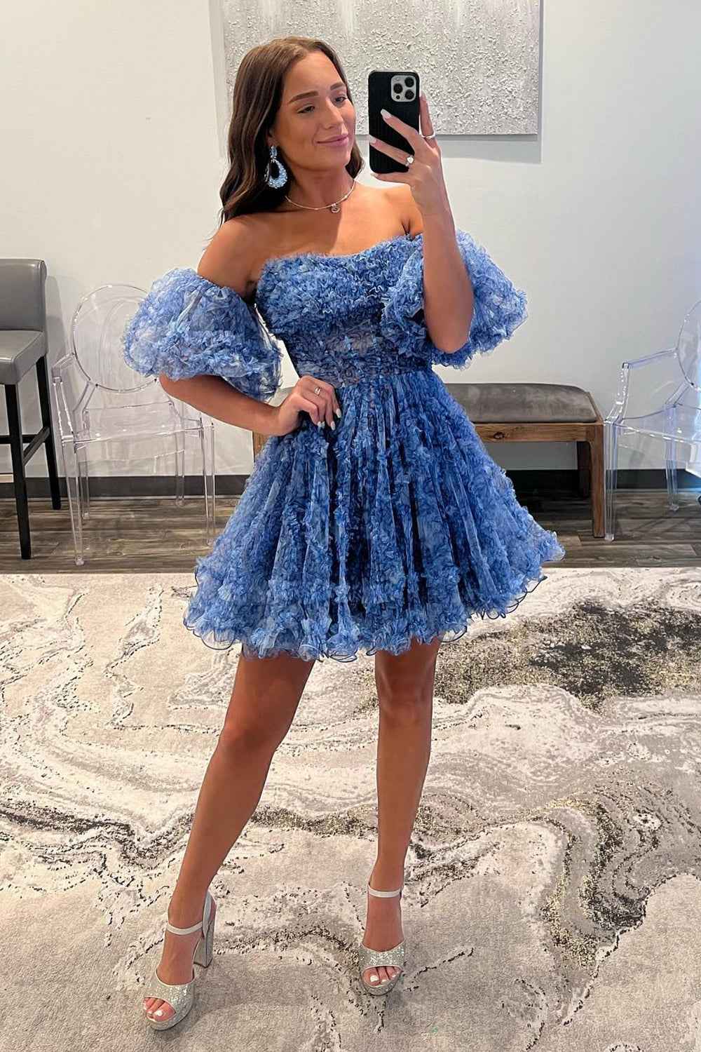 Blue Printed Detachable Sleeves Ruffled Short Homecoming Dress Bmbride