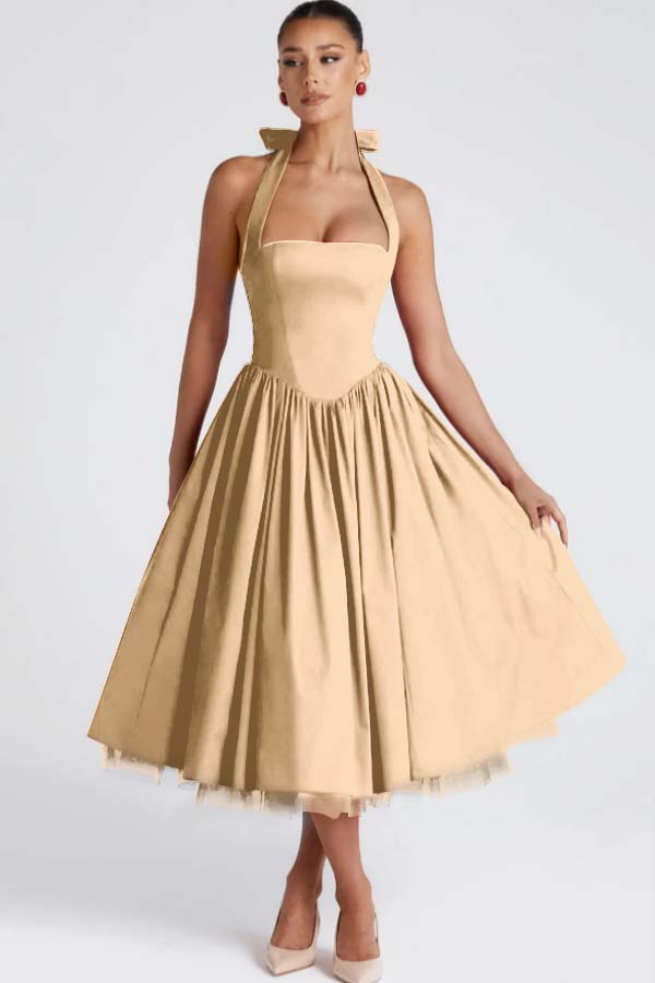 Halter Sleeveless Long A Line Prom Dress With Pleated Tulle BMBRIDE