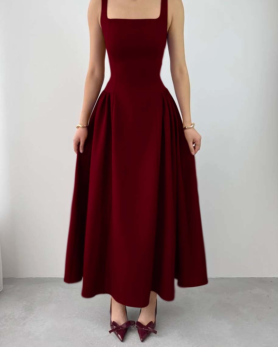 Sleeveless Square Neck Straps Tea Length Prom Dress With Pleated