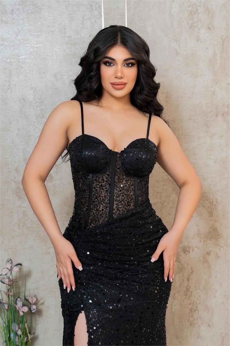 Black Sequins Spaghetti Strap Sweetheart Sleeveless Long Prom Dress With Split