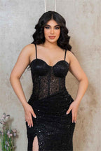 Black Sequins Spaghetti Strap Sweetheart Sleeveless Long Prom Dress With Split