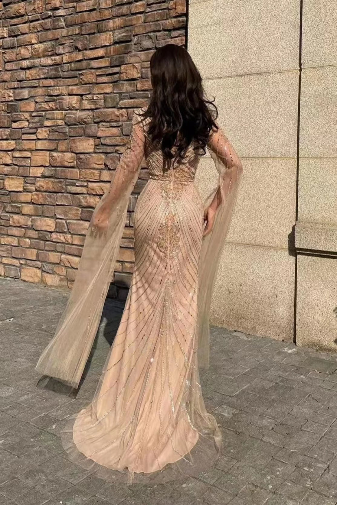 Gorgeous V-Neck Long Sleeves Tulle Mermaid Prom Dress with Beadings BM bride