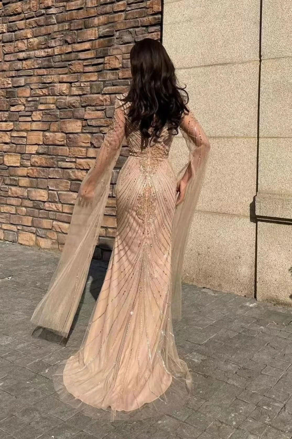 Gorgeous V-Neck Long Sleeves Tulle Mermaid Prom Dress with Beadings BM bride