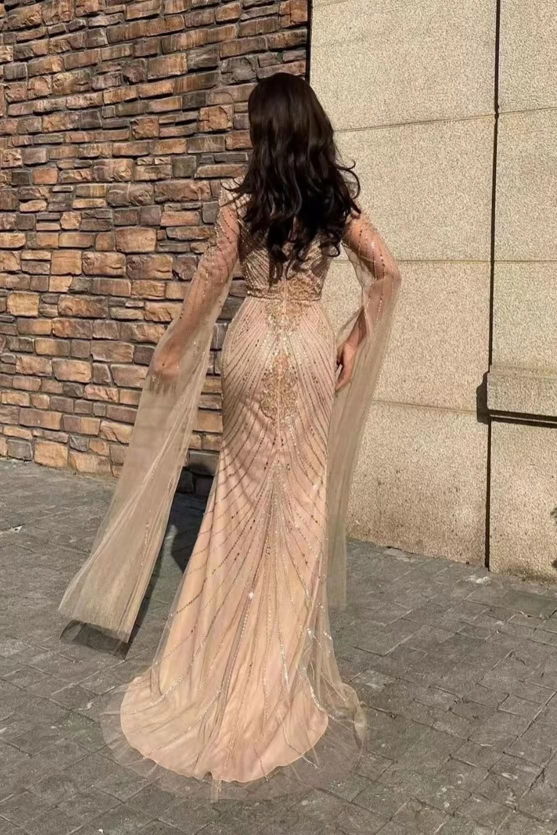 Gorgeous V-Neck Long Sleeves Tulle Mermaid Prom Dress with Beadings BM bride