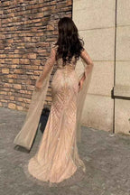 Amazing V Neck Long Sleeves Tulle Mermaid Prom Dress With Beading