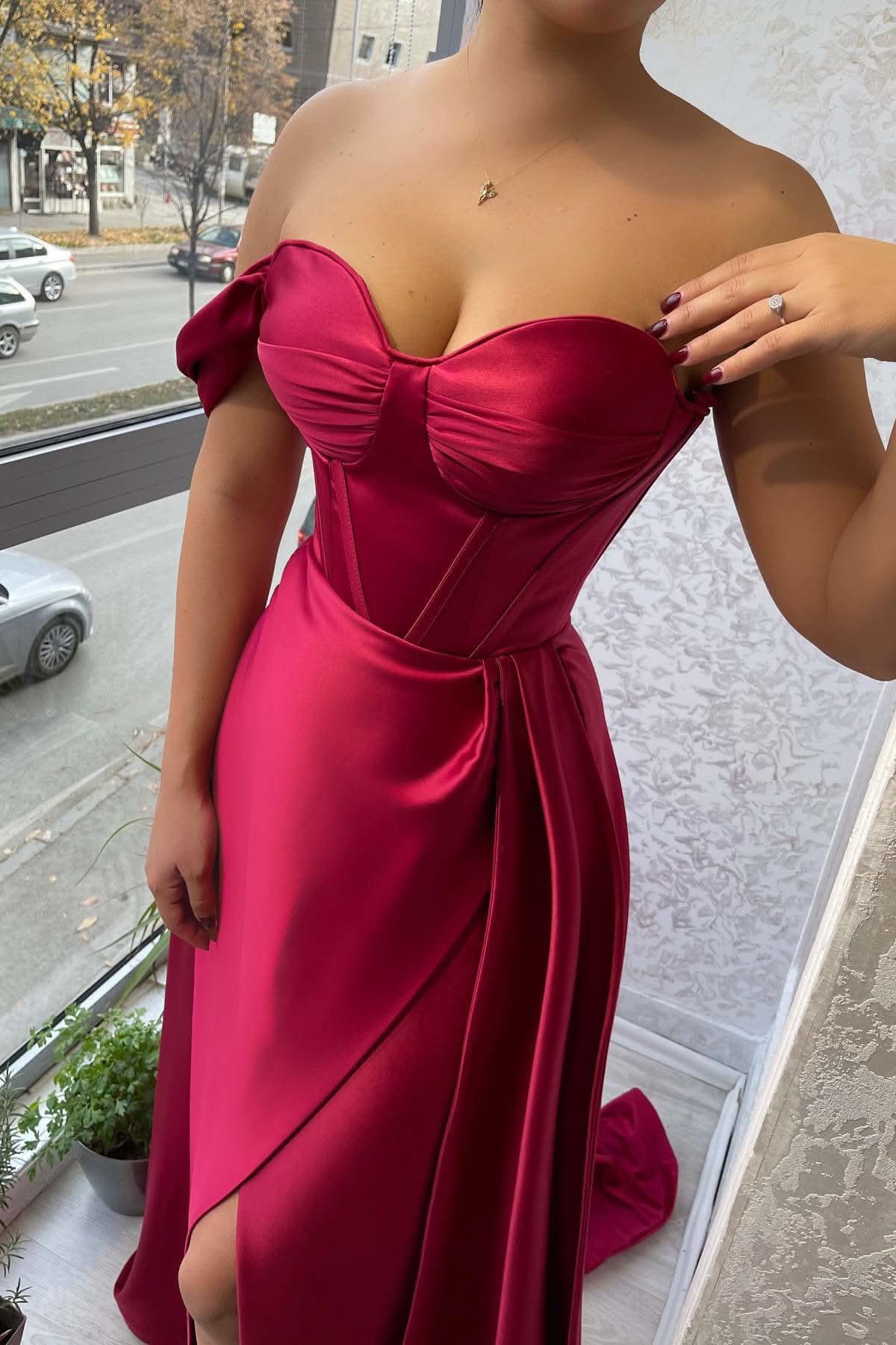 Stunning One-Shoulder Strapless Sweetheart Slit Evening Dress with Ruffle BM bride