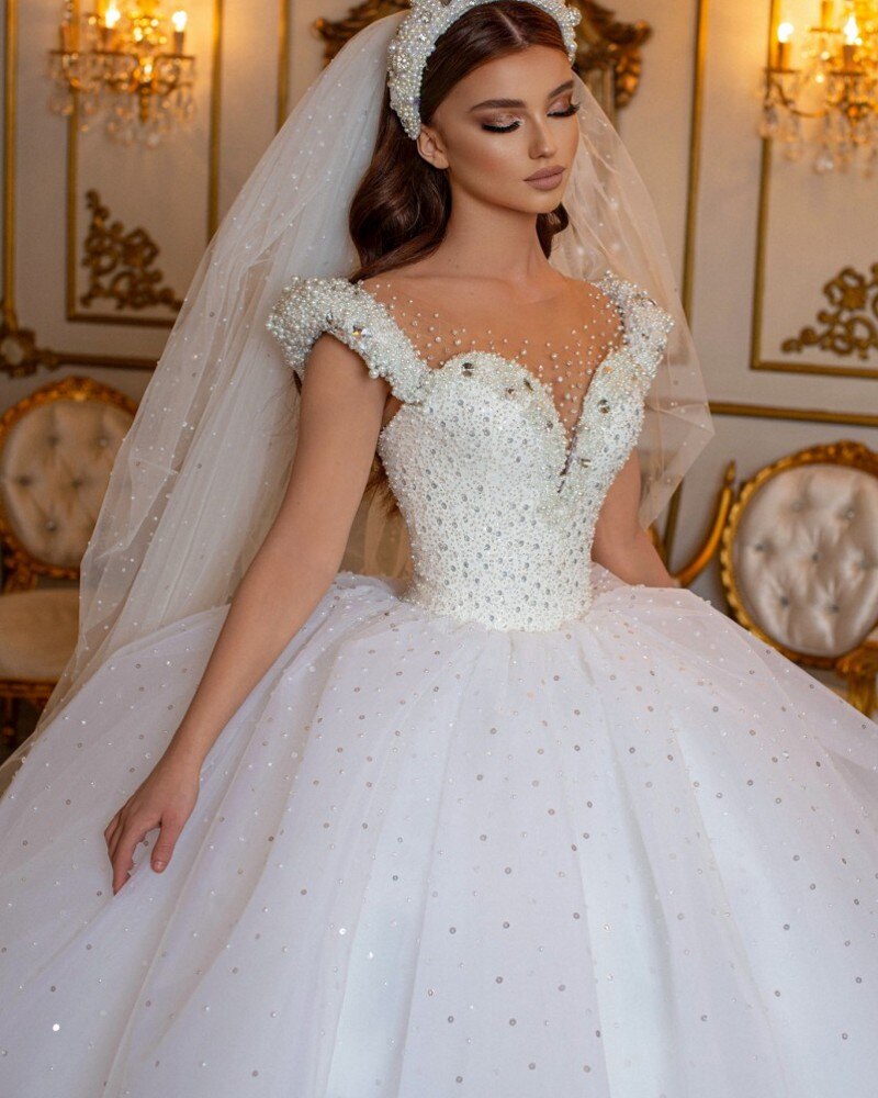 Glamorous Off-the-Shoulder Beaded Princess Wedding Dress with Pearl and Tulle BM bride