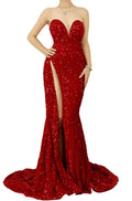 Red Sweetheart Sleeveless Sequined Prom Dress with High Slit BM bride