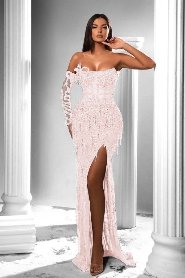 Strapless Long Sleeve High Split Long Prom Dress With Appliques BMBRIDE
