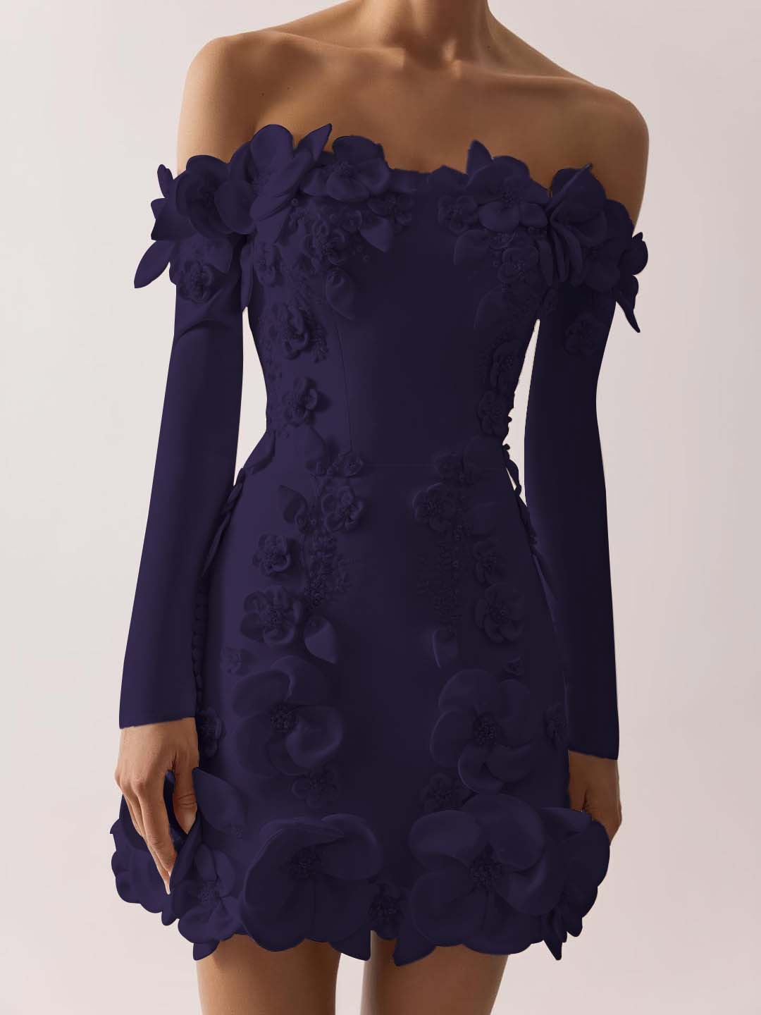 Off the Shoulder Long Sleeves Short Prom Dress With Appliques BMBRIDE