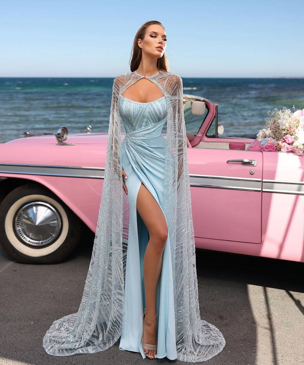 Baby Blue Charmeuse Prom Dress Sleeveless Strapless with High Slit BM bride
