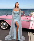 Baby Blue Charmeuse Prom Dress Sleeveless Strapless with High Slit BM bride