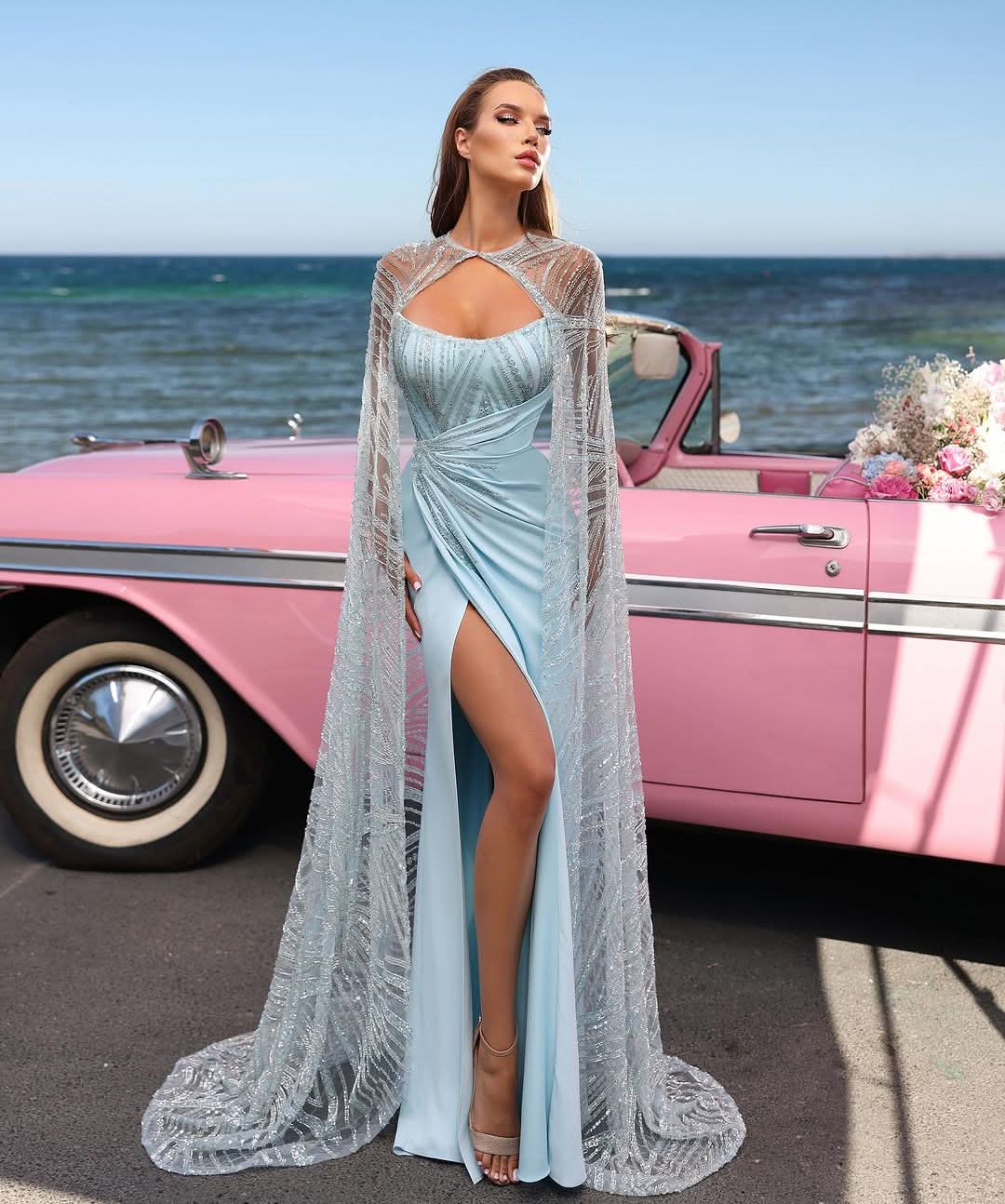 Baby Blue Charmeuse Prom Dress Sleeveless Strapless with High Slit BM bride