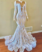 White Sequins Lace Mermaid Prom Dress with Long Sleeves BM bride