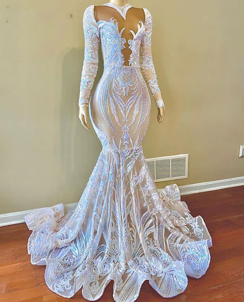 White Sequins Lace Mermaid Prom Dress with Long Sleeves BM bride