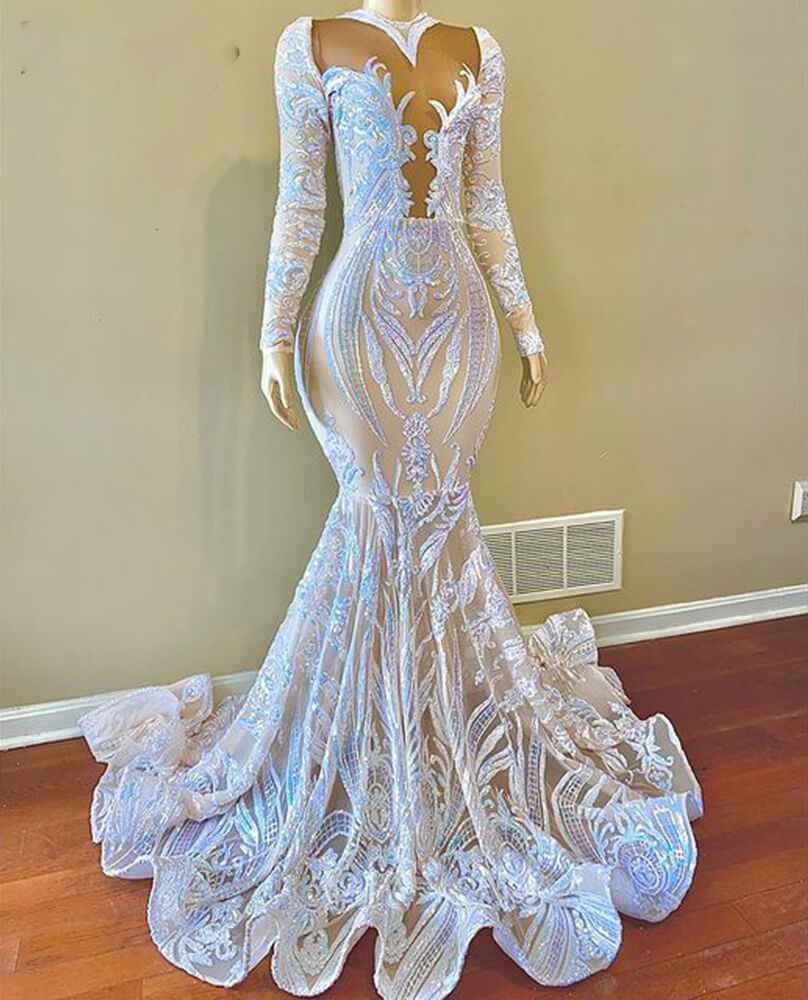 Sequins Lace White Mermaid Long Prom Dress Embroidery With Long Sleeves