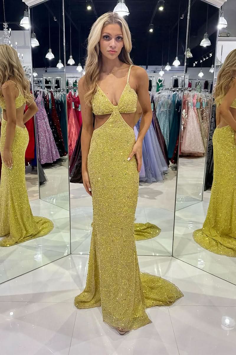 Beautiful Mustard Green Sequins Deep V Neck Cutout Long Prom Dress BM bride