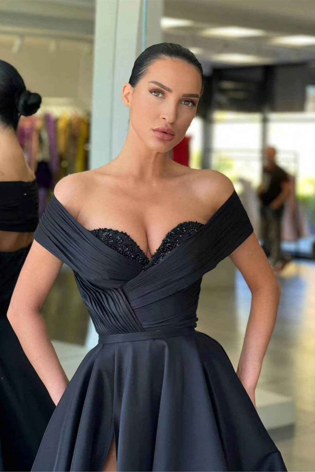 Black Long Off the Shoulder Beadings Prom Dress A Line With Front Split