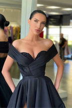 Black Long Off the Shoulder Beadings Prom Dress A Line With Front Split