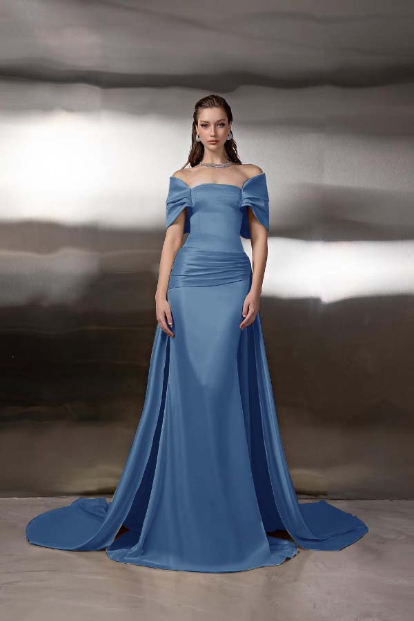 Off the Shoulder Sleeveless Long Mermaid Prom Dress With Pleated BMBRIDE