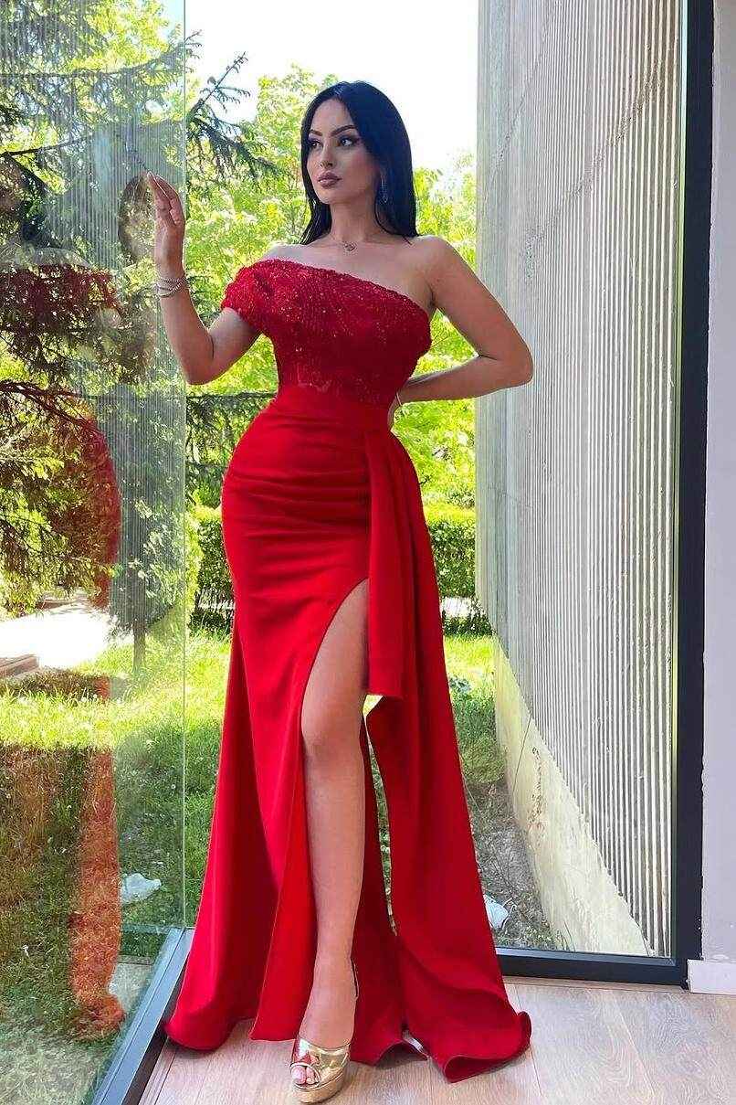One Shoulder Sleeveless Mermaid Split Long Prom Dress With Pleated