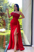 One Shoulder Sleeveless Mermaid Split Long Prom Dress With Pleated